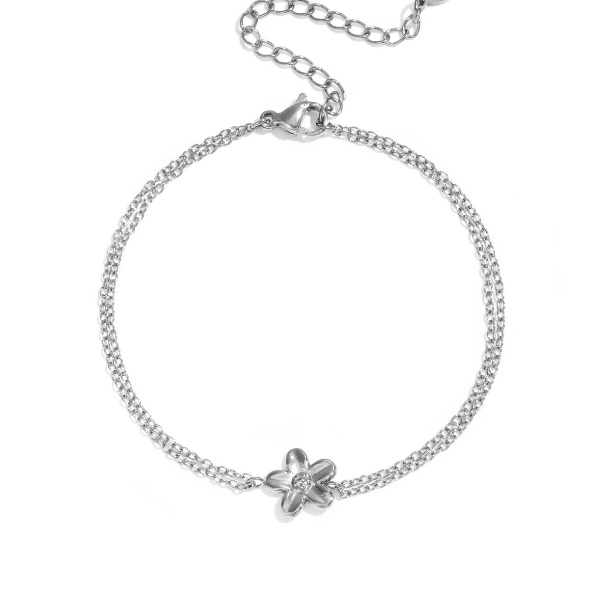 Zilveren dubbele dames armband met een klein subtiel bloemetje