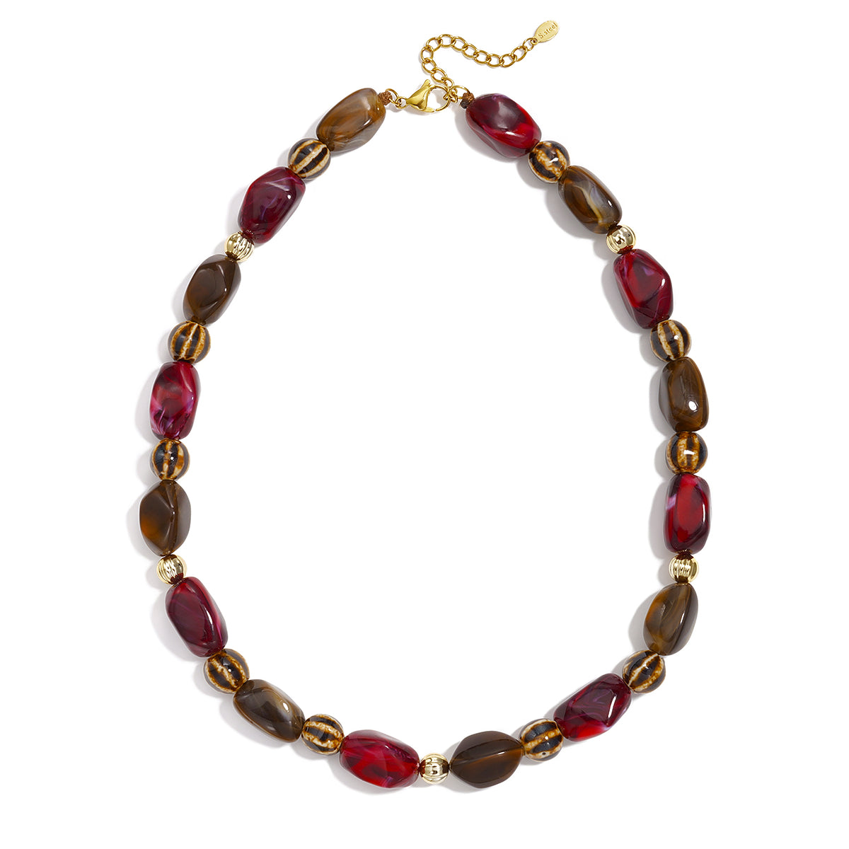 Bruine en bordeaux rode kralenketting met goudkleurige details