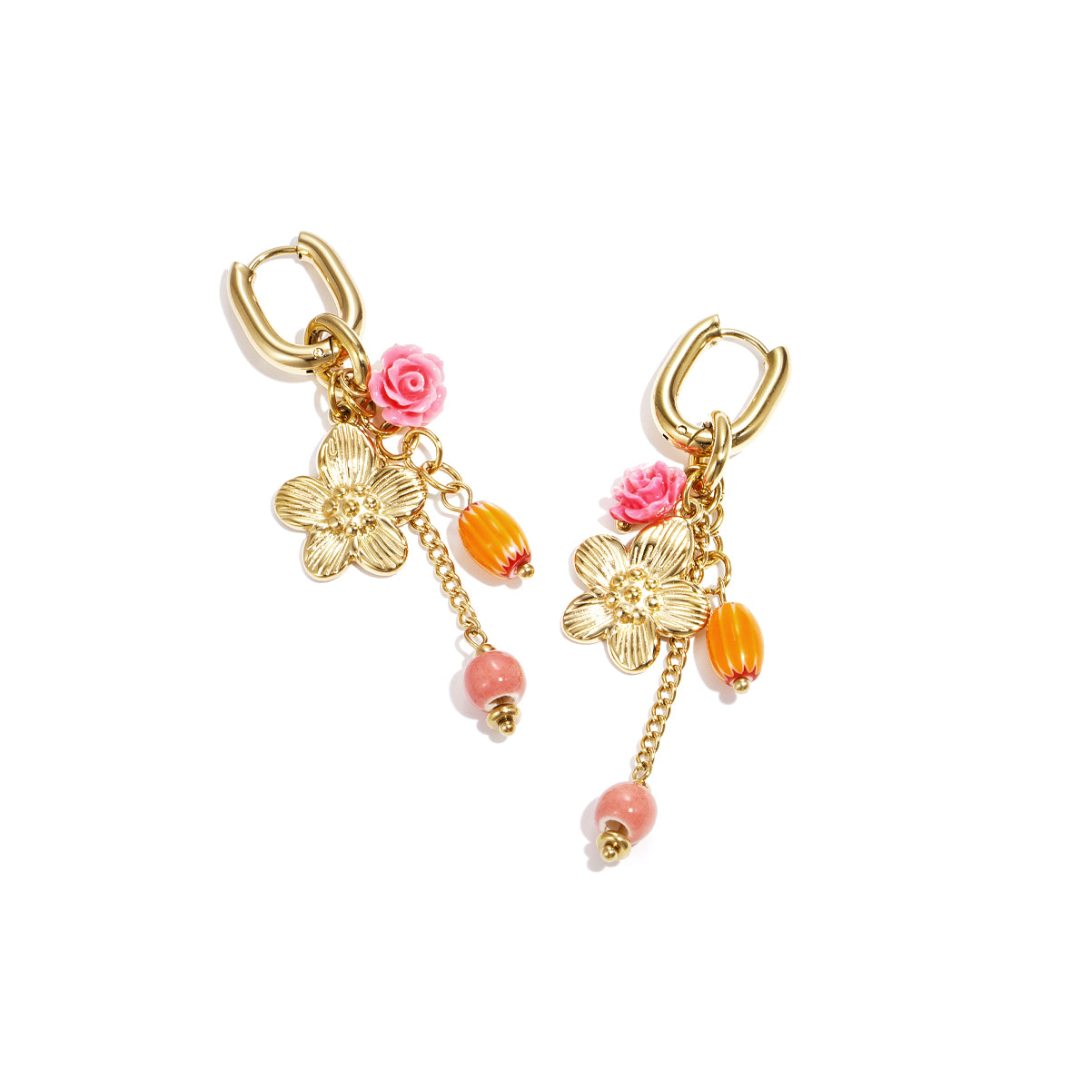 Goudkleurige premium stainless steel oorhangers met bloem en gekleurde kralen