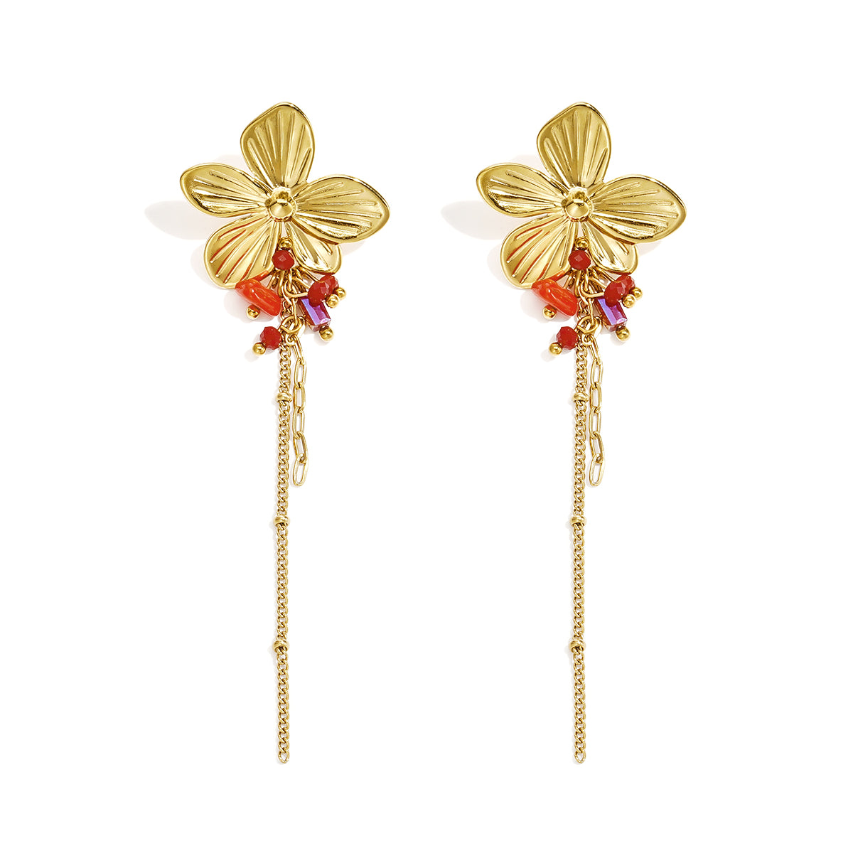 Lange bloemen oorbellen met kettingdetails en gekleurde kralen