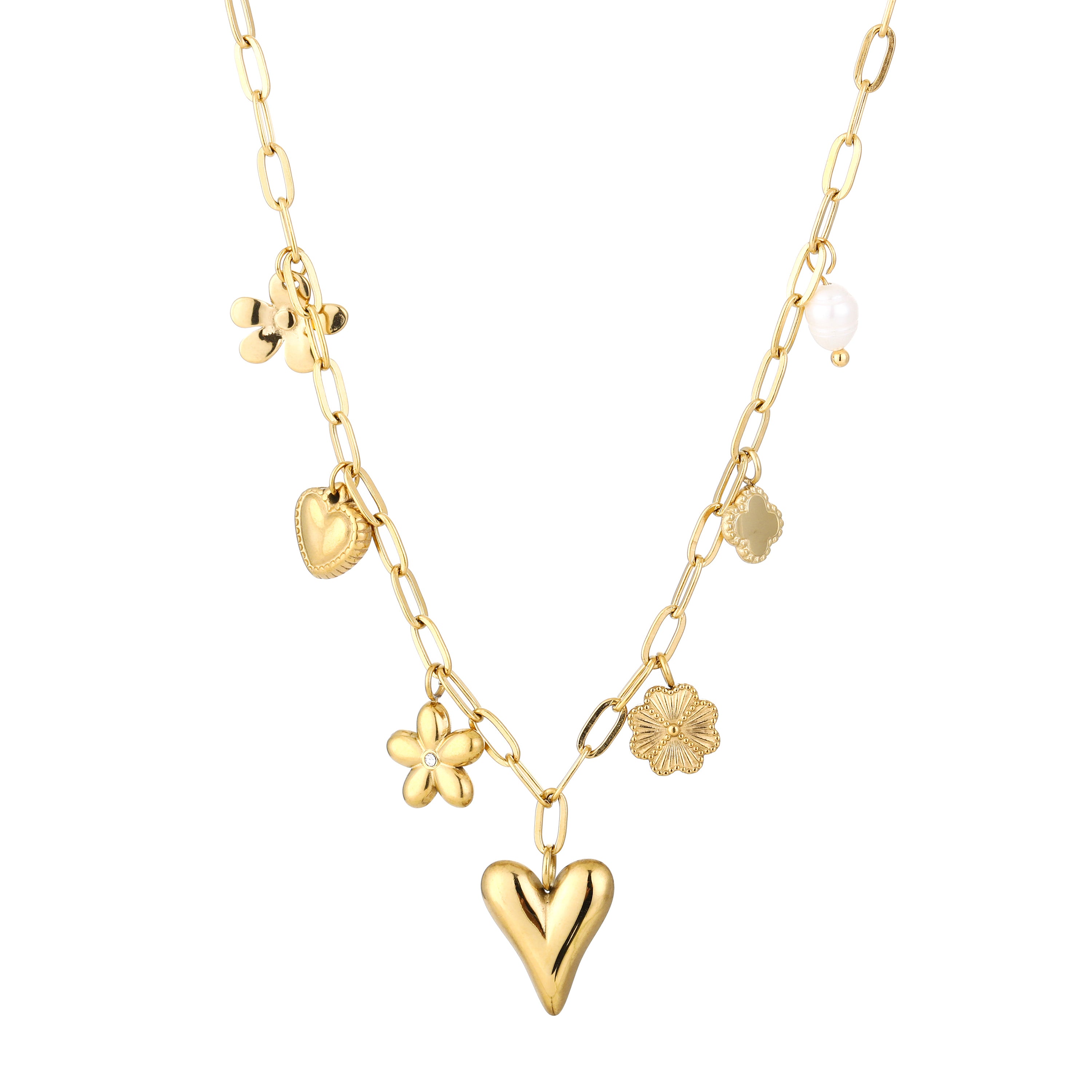 Ketting met bedels met hartjes en bloemen