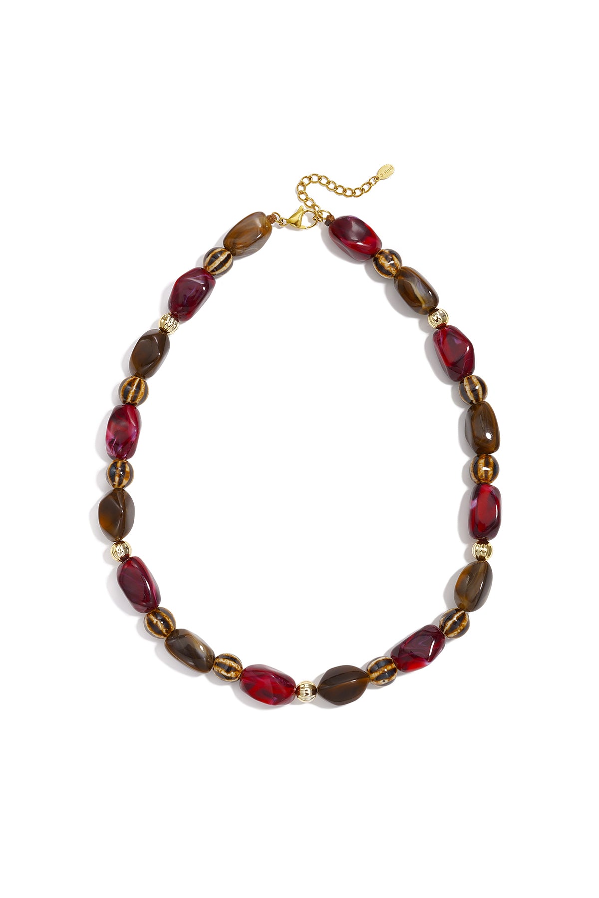 Bruine en bordeaux rode kralenketting met goudkleurige details