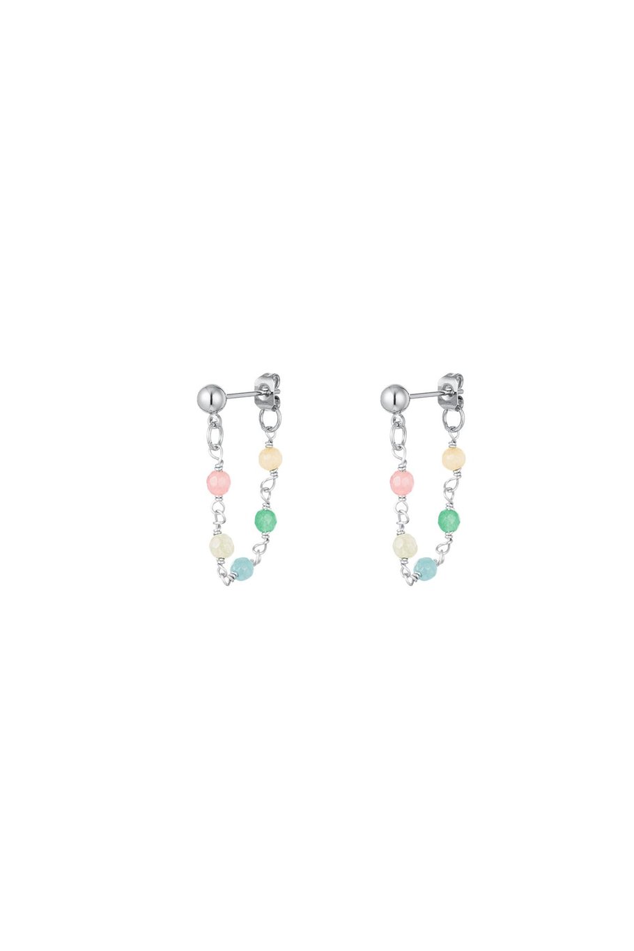 Minimalistische oorbellen met ketting en pastelkleurige bolletjes