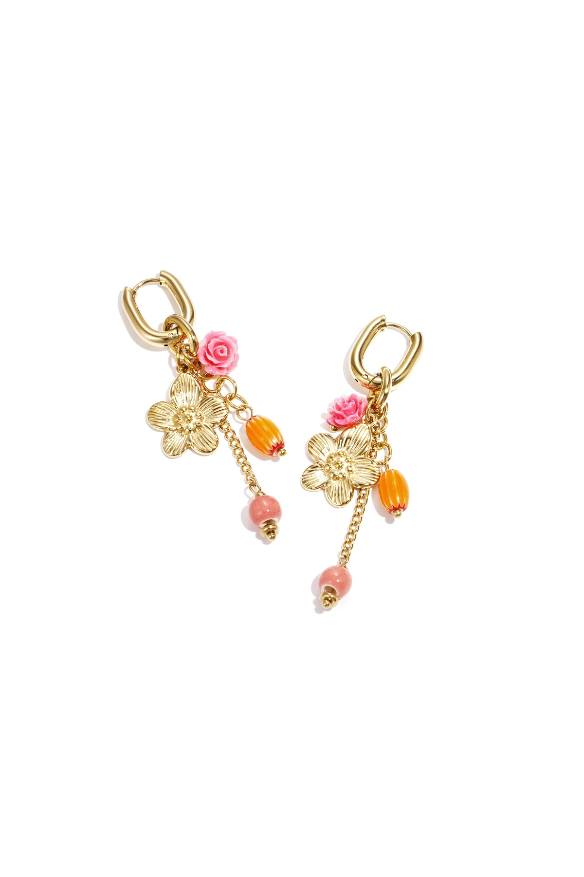 Goudkleurige premium stainless steel oorhangers met bloem en gekleurde kralen