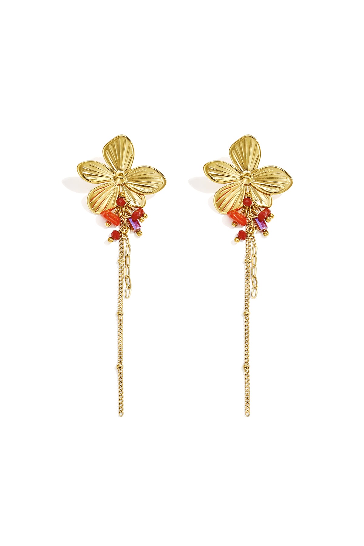 Lange bloemen oorbellen met kettingdetails en gekleurde kralen